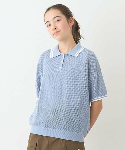 pom ponette junior / ポンポネット ジュニア ニット・セーター | メッシュ半袖ポロニット（ブルー）