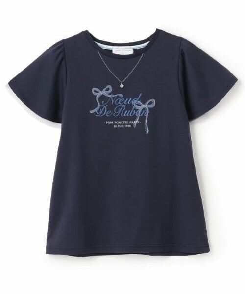 pom ponette junior / ポンポネット ジュニア Tシャツ | ネックレス風刺しゅうフレアスリーブTシャツ（紺）