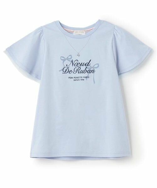 pom ponette junior / ポンポネット ジュニア Tシャツ | ネックレス風刺しゅうフレアスリーブTシャツ（ブルー グレー）