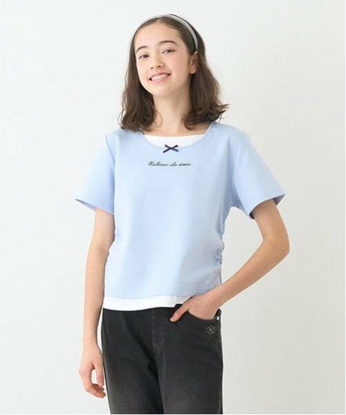 pom ponette junior / ポンポネット ジュニア Tシャツ | 【ニコ☆プチ掲載】フェイクレイヤードTシャツ（ブルー グレー）