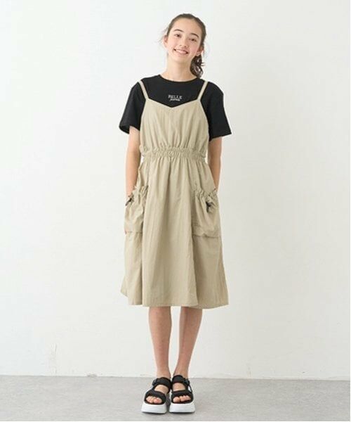 pom ponette junior / ポンポネット ジュニア ミニ丈・ひざ丈ワンピース | ギャザーキャミワンピース+Tシャツセット（ベージュ）