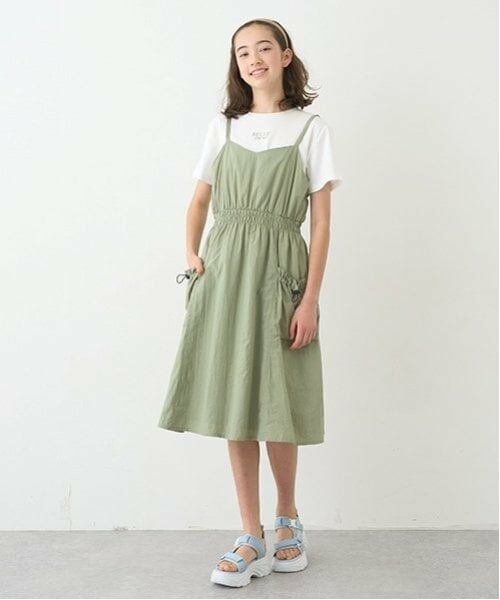 pom ponette junior / ポンポネット ジュニア ミニ丈・ひざ丈ワンピース | ギャザーキャミワンピース+Tシャツセット（カーキ）