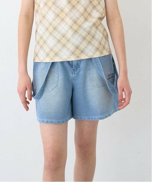 pom ponette junior / ポンポネット ジュニア ショート・ハーフ・半端丈パンツ | 【のびのび】サスペンダー風カットデニムショーパン（ライト ブルー）