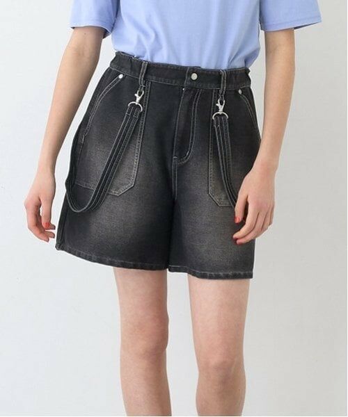 pom ponette junior / ポンポネット ジュニア ショート・ハーフ・半端丈パンツ | 【のびのび】サスペンダー風カットデニムショーパン（黒）