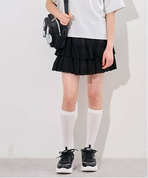 pom ponette junior / ポンポネット ジュニア ショート・ハーフ・半端丈パンツ | コットンレースティアードスカパン（黒）