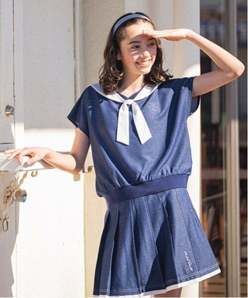 pom ponette junior / ポンポネット ジュニア Tシャツ | 【Cuugal掲載】カットデニム2WAYセーラートップス（紺）