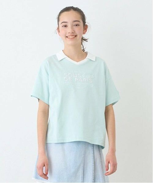 pom ponette junior / ポンポネット ジュニア Tシャツ | 【防汚加工】スキッパー衿ロゴTシャツ（エメラルド グリーン）