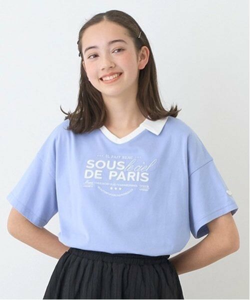 pom ponette junior / ポンポネット ジュニア Tシャツ | 【防汚加工】スキッパー衿ロゴTシャツ（モデレート ブルー）