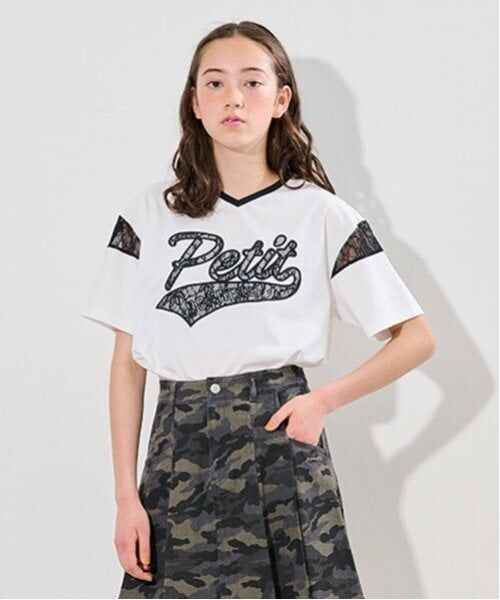 pom ponette junior / ポンポネット ジュニア Tシャツ | 【接触冷感】レースワッペンロゴ刺しゅうTシャツ(オフ ホワイト)