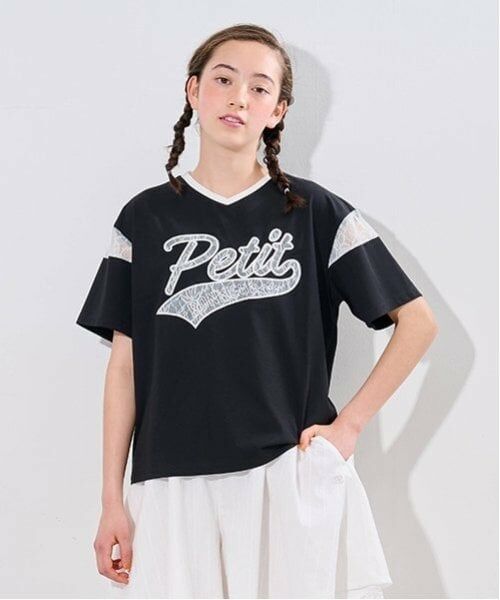 pom ponette junior / ポンポネット ジュニア Tシャツ | 【接触冷感】レースワッペンロゴ刺しゅうTシャツ(黒)