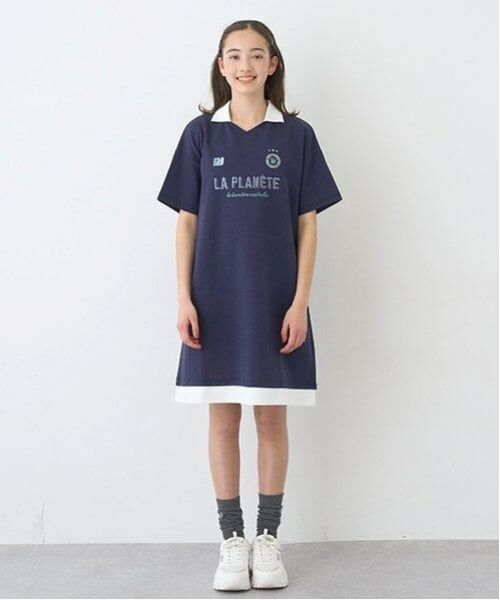 pom ponette junior / ポンポネット ジュニア ミニ丈・ひざ丈ワンピース | 【ニコ☆プチ掲載】スキッパー衿スムースワンピース（紺）