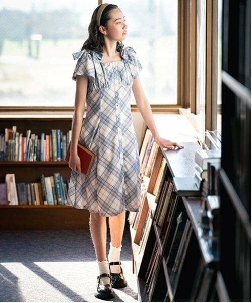 pom ponette junior / ポンポネット ジュニア ミニ丈・ひざ丈ワンピース | 【ニコ☆プチ掲載】ショルダーリボンカットワンピース（ブルー）