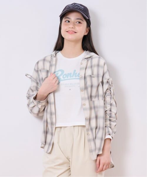 pom ponette junior / ポンポネット ジュニア シャツ・ブラウス | 袖ギャザーフードシャツ×Tシャツセット（アイボリー）