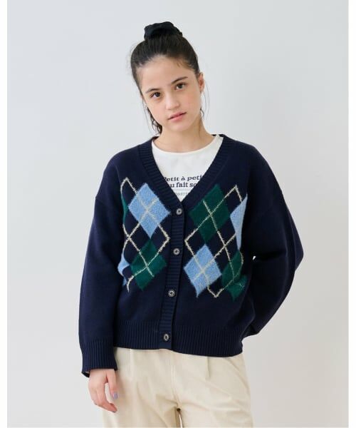 pom ponette junior / ポンポネット ジュニア カーディガン・ボレロ | アーガイルニットカーデ（紺）