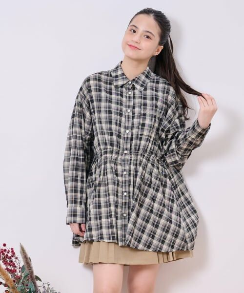 pom ponette junior / ポンポネット ジュニア シャツ・ブラウス | フロントペプラムチェックシャツ（黒）