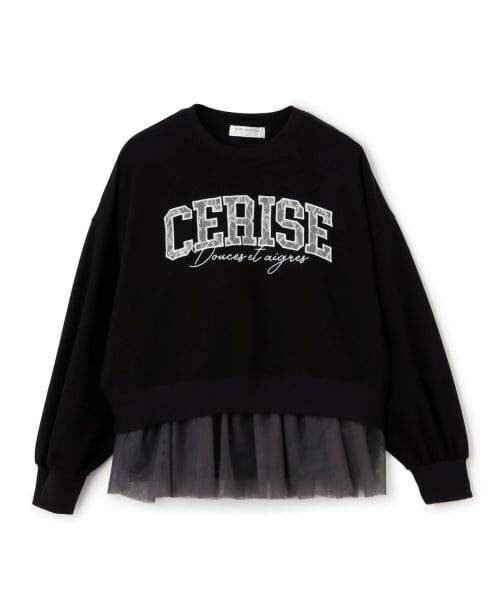 pom ponette junior / ポンポネット ジュニア Tシャツ | 【接触冷感】レースワッペンプル×チュールTシャツ（黒）