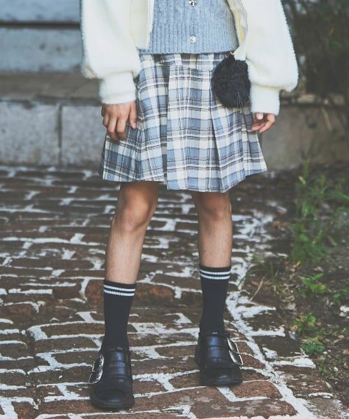 pom ponette junior / ポンポネット ジュニア ミニ・ひざ丈スカート | 【130cmあり】チェックボックスタックスカート×インパンセット(アイボリー)