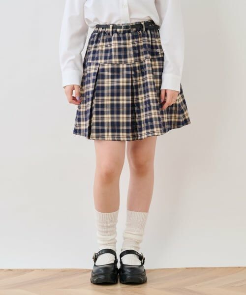 pom ponette junior / ポンポネット ジュニア ミニ・ひざ丈スカート | 【130cmあり】チェックボックスタックスカート×インパンセット(紺)