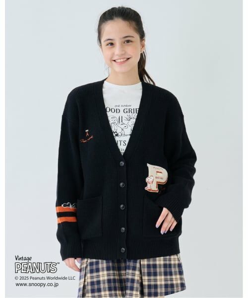 pom ponette junior / ポンポネット ジュニア カーディガン・ボレロ | 【130cmあり】【PEANUTS】レタードカーディガン×ロンTセット（黒）