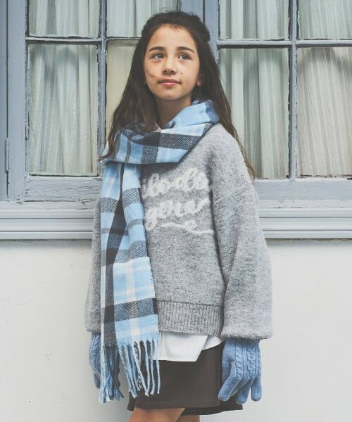 pom ponette junior / ポンポネット ジュニア マフラー・ショール・スヌード・ストール | 【静電気防止】カシミヤタッチチェックマフラー（サックス）