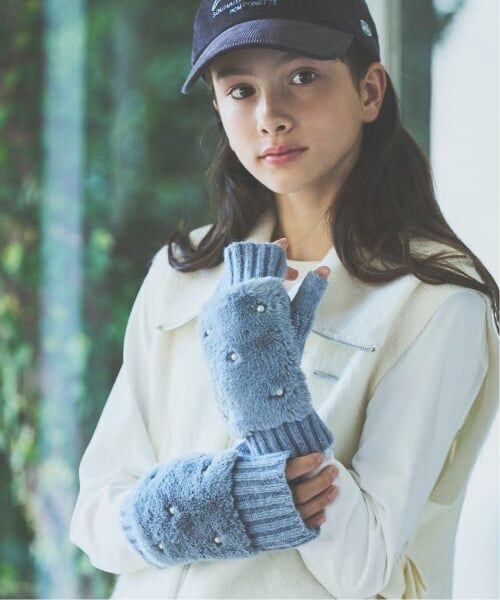 pom ponette junior / ポンポネット ジュニア 手袋 | ミトンファー手袋（ブルー グレー）