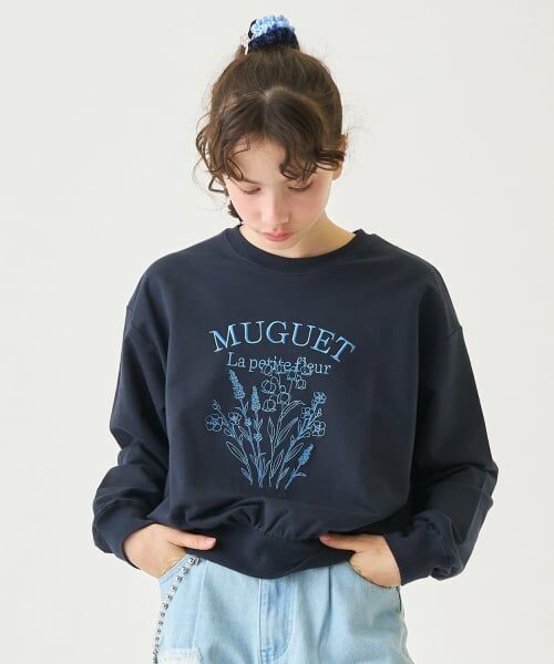 pom ponette junior / ポンポネット ジュニア スウェット | フラワー刺しゅうプルオーバー（紺）