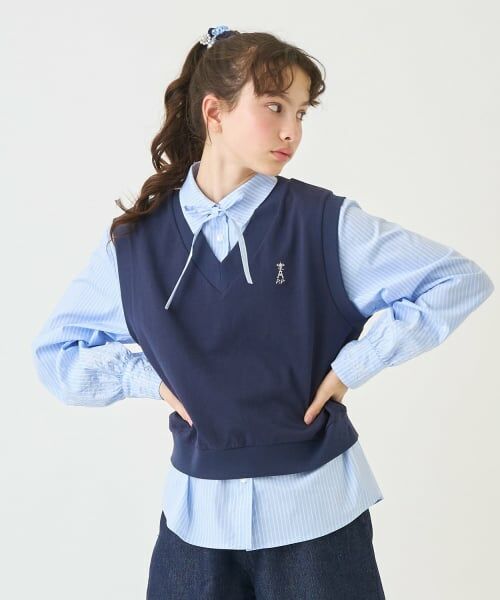pom ponette junior / ポンポネット ジュニア シャツ・ブラウス | カットソーベスト＆刺しゅうブラウスセット（紺）