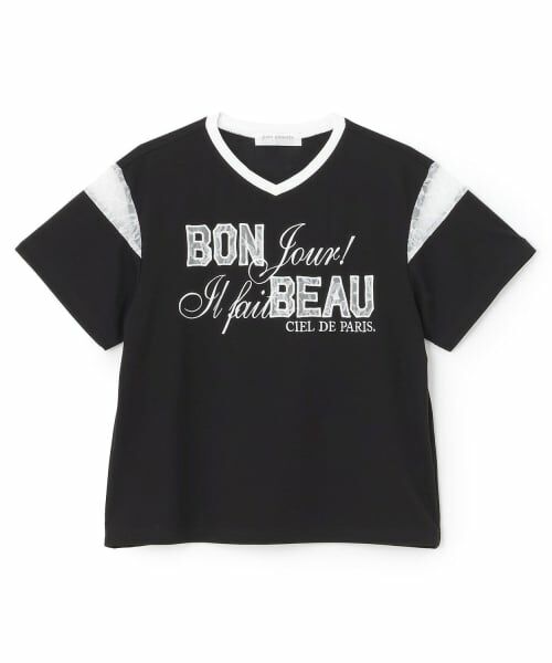 pom ponette junior / ポンポネット ジュニア Tシャツ | 【130cmあり】【接触冷感】レースワッペンTシャツ（黒）
