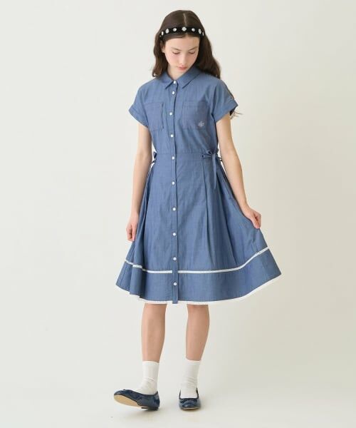 pom ponette junior / ポンポネット ジュニア ミニ丈・ひざ丈ワンピース | 【130cmあり】サイドリボンシャツワンピース（紺）