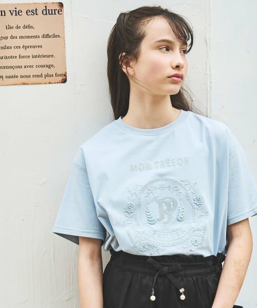 pom ponette junior / ポンポネット ジュニア Tシャツ | 【130cmあり】【接触冷感】レースモチーフ刺しゅうTシャツ（ライト ブルー）