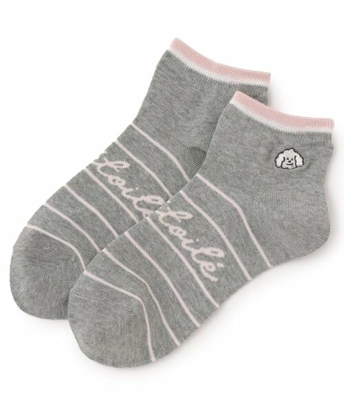 pom ponette junior / ポンポネット ジュニア ソックス | 犬刺しゅう+ライン入り短丈ソックス（グレー）