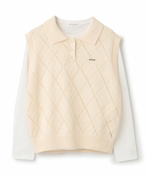 pom ponette junior / ポンポネット ジュニア ニット・セーター | 衿つきアーガイルニットベスト×Tシャツセット(アイボリー)