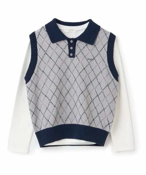 pom ponette junior / ポンポネット ジュニア ニット・セーター | 衿つきアーガイルニットベスト×Tシャツセット(ライト グレー)