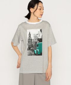 風景柄プリント ボーダーTシャツ