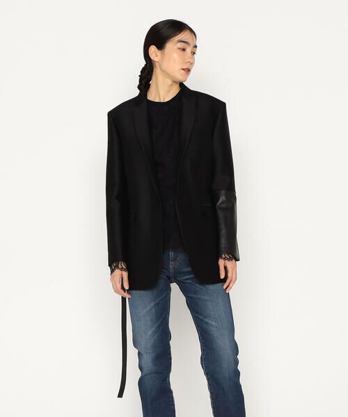 Precious Mild / プレシャスマイルド テーラードジャケット | シルクウールツイル レザーコンビネーションシングルジャケット<br>(05:ブラック)