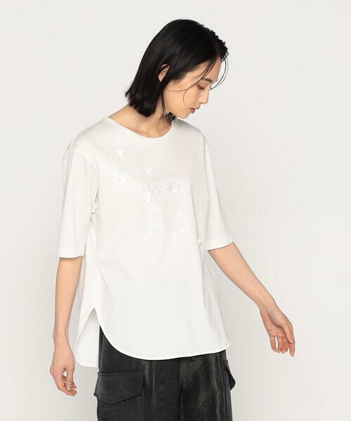 Precious Mild/プレシャスマイルド プレミアムスムース スパンコール×合皮Tシャツ 01:ホワイト 9号 Precious Mild/プレシャスマイルド プレミアムスムース スパンコール×合皮Tシャツ 01:ホワイト 9号