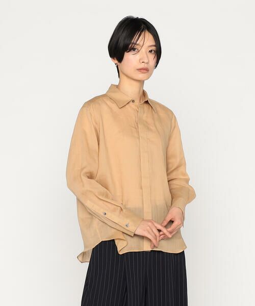 Precious Mild/プレシャスマイルド 〔 +サイズ 〕 マニッシュストライプ シャツ 16:キャメル 13号 Precious Mild/プレシャスマイルド 〔 +サイズ 〕 マニッシュストライプ シャツ 16:キャメル 13号