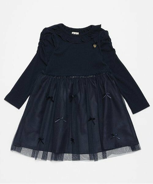 Pupil House / ピューピルハウス ミニ丈・ひざ丈ワンピース | リボンチュールドッキングワンピ（紺）