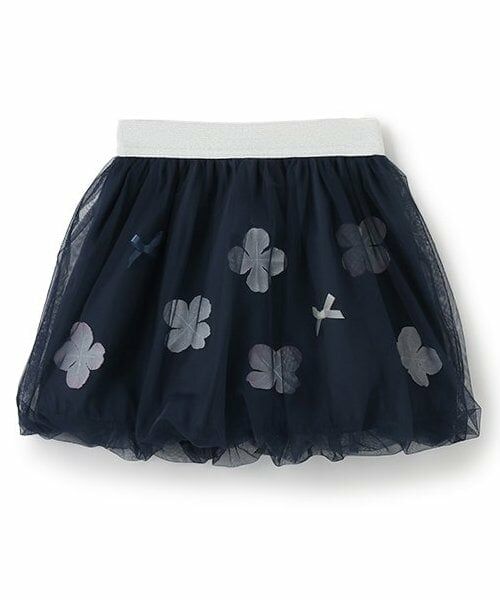 Pupil House / ピューピルハウス ミニ・ひざ丈スカート | 花モチーフチュールスカート（紺）