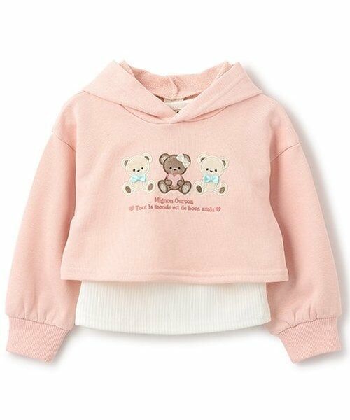 Pupil House / ピューピルハウス パーカー | クマアップリケ短丈レイヤードパーカー（ピンク）