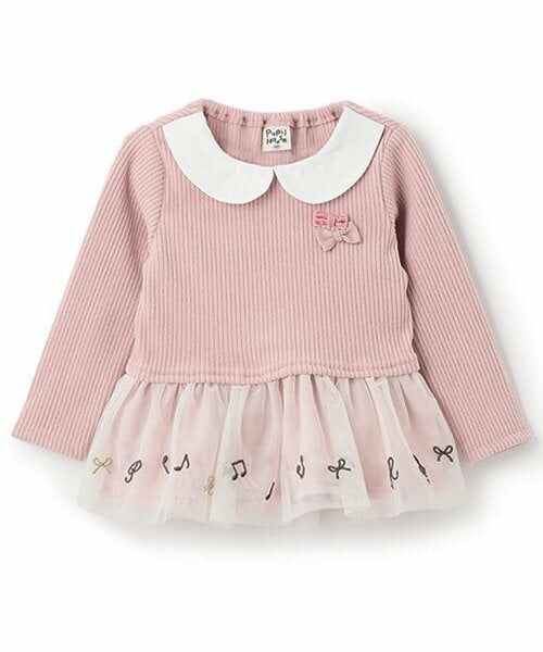Pupil House / ピューピルハウス Tシャツ | 裾チュール刺しゅう衿つき長袖T（ピンク）