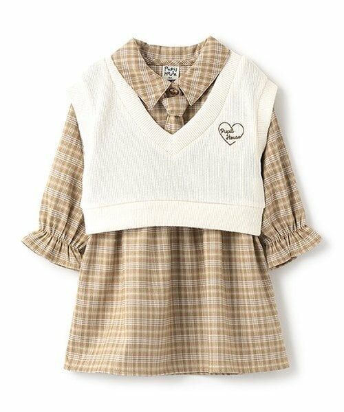 Pupil House / ピューピルハウス ミニ丈・ひざ丈ワンピース | レイヤード風ネクタイワンピース（茶）