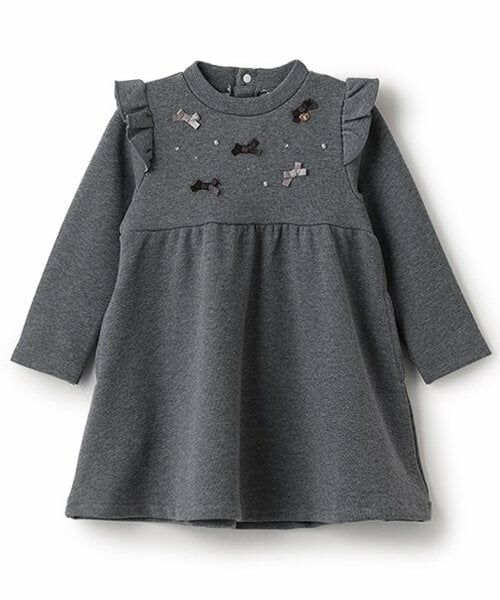 Pupil House / ピューピルハウス ミニ丈・ひざ丈ワンピース | リボンビジューワンピース（チャコール）