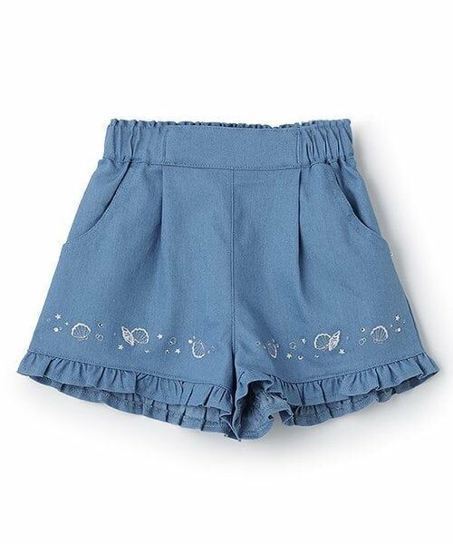 Pupil House / ピューピルハウス ショート・ハーフ・半端丈パンツ | シェル刺しゅう裾フリルショーパン（サックス）