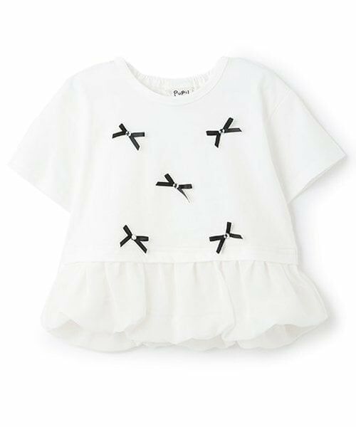 Pupil House / ピューピルハウス Tシャツ | リボンいっぱいバルーン裾半そでTシャツ（オフ ホワイト）