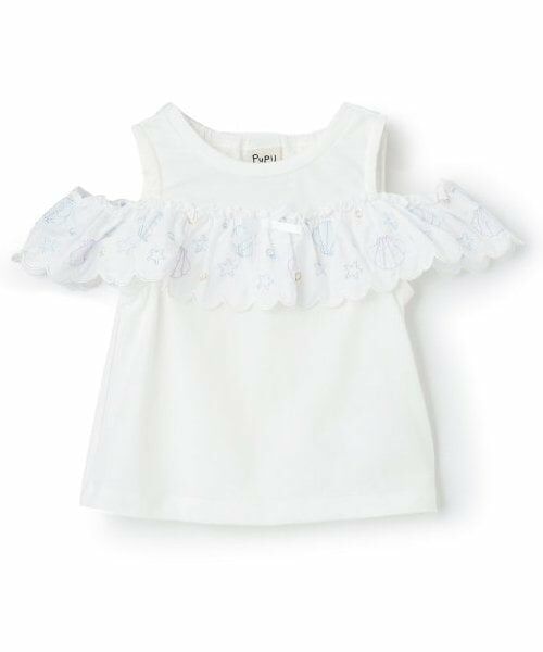 Pupil House / ピューピルハウス Tシャツ | フリルオフショル半袖Tシャツ（オフ ホワイト）