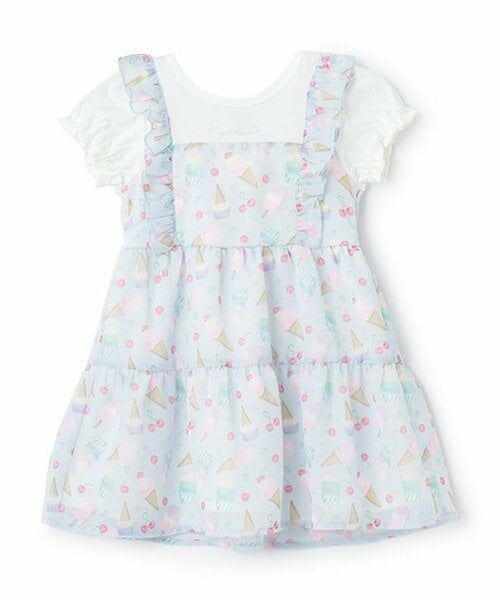 Pupil House / ピューピルハウス ミニ丈・ひざ丈ワンピース | オリジナルプリントドッキング半袖ワンピース（サックス）