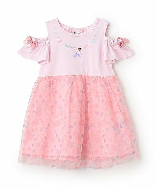 Pupil House / ピューピルハウス ミニ丈・ひざ丈ワンピース | 総柄チュールドッキングワンピース（ピンク）