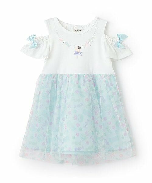 Pupil House / ピューピルハウス ミニ丈・ひざ丈ワンピース | 総柄チュールドッキングワンピース（サックス）