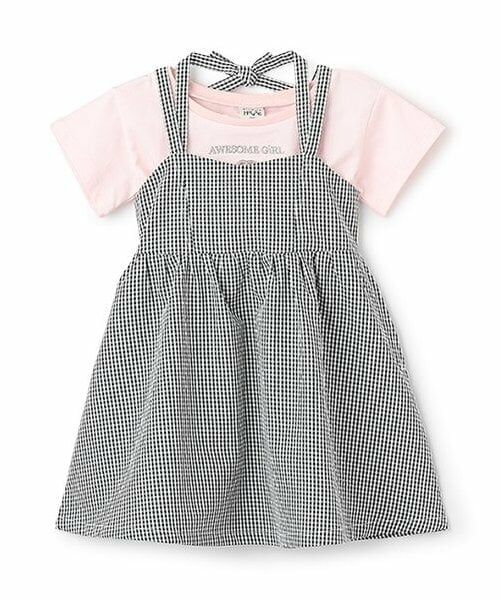 Pupil House / ピューピルハウス ミニ丈・ひざ丈ワンピース | 【セットアイテム】ショート丈Tシャツ・ギンガムチェックワンピ（黒）